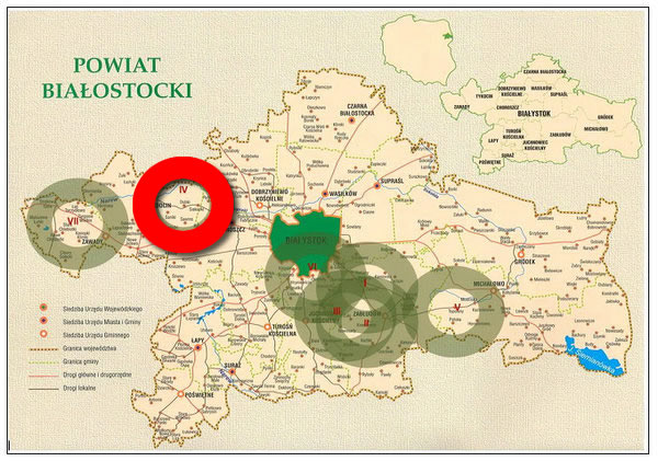 Rozważane lokalizacje regionalnego lotniska w województwie podlaskim. Na czerwono zaznaczono wybrane Saniki koło Tykocina.